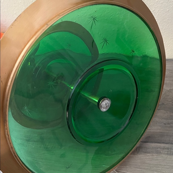 Vintage Paden City Emerald Glo two-tier glass tray  with brass & acrylic handle - Picture 4 of 5